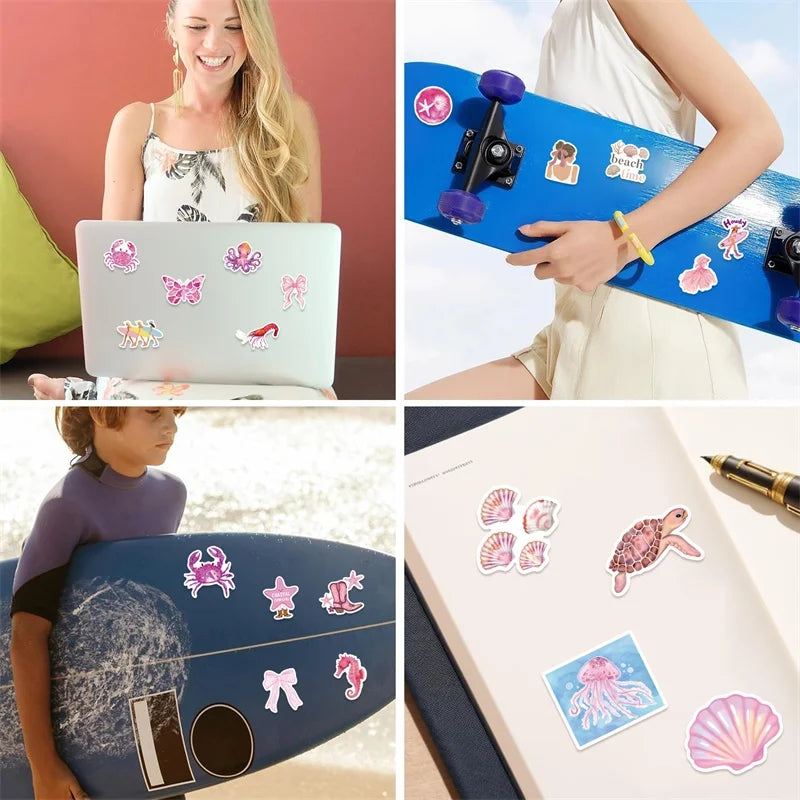 10/30/50PCS Kawaii Pink Beach PVC Sticky Sticker Aesthetic DIY Decoration Scrapbooking School Stationery Supplies for Kids