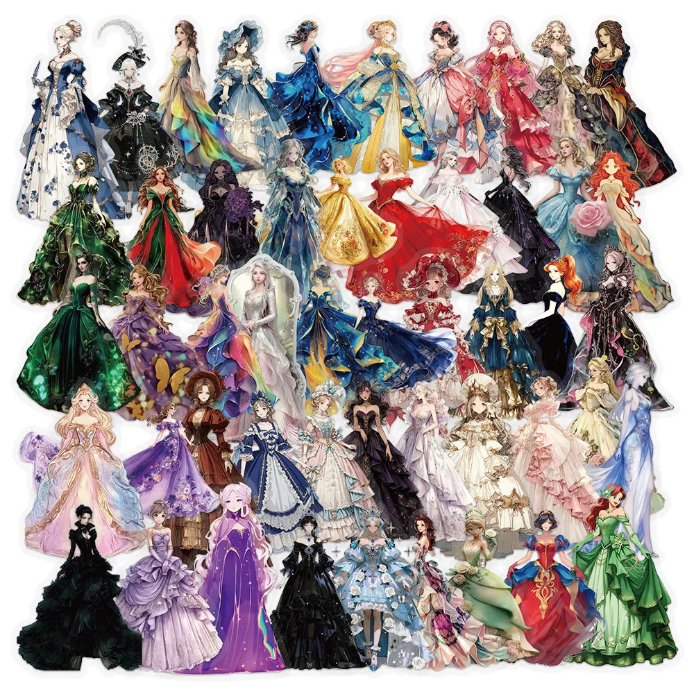 50-Pack Girl Dress Transparent Waterproof Stickers for DIY Mobile Phone Luggage Box Stationery Notebook Decoration