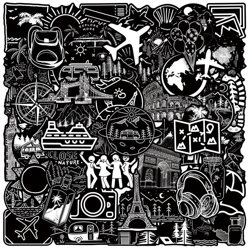 10/30/50PCS Black White Travel PVC Sticky Sticker Aesthetic DIY Children's Decoration Scrapbooking School Supplies