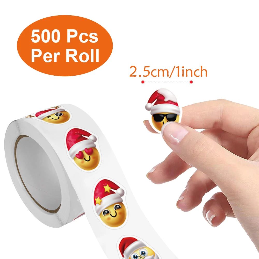 500Pcs/Roll Heterotypic Christmas Themed Funning Face Stickers 8 Designs 2.5cm/1.0'' DlY Graffiti Holiday Party Decoration label