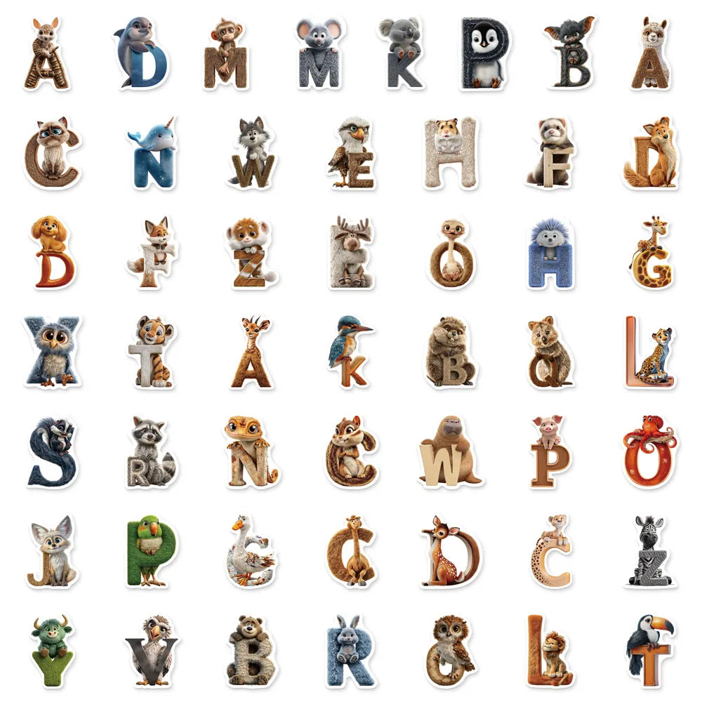 50PCS Cartoon Letter Animal Learning Reward Sticker Pack DIY Brochure Decoration Tablet Laptop Toy Stickers