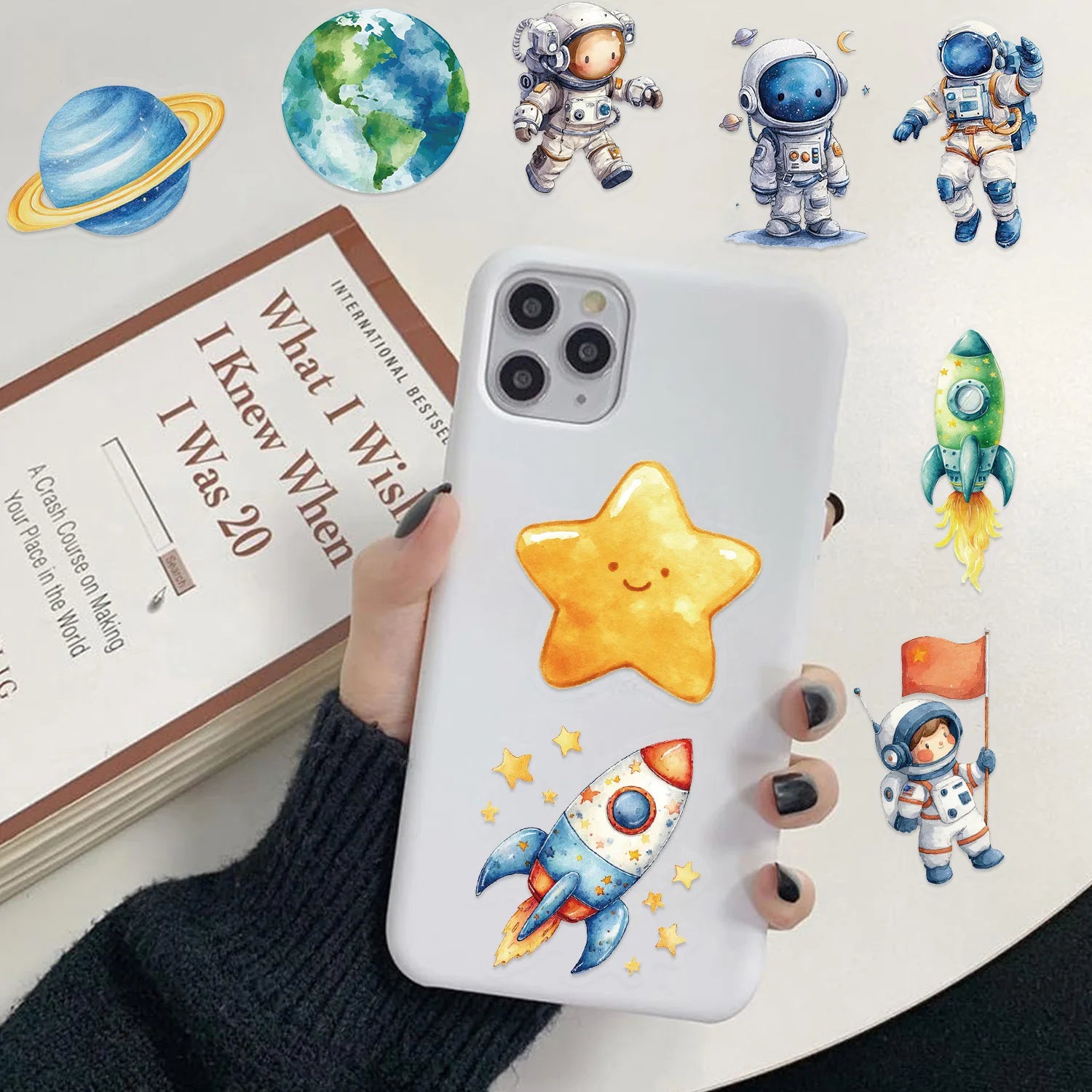 50Pcs Pack Clear Cartoon Astronaut Sticker Pack, Waterproof Transparent PET Kids Decals for Stationery Guitar Notebook Decor