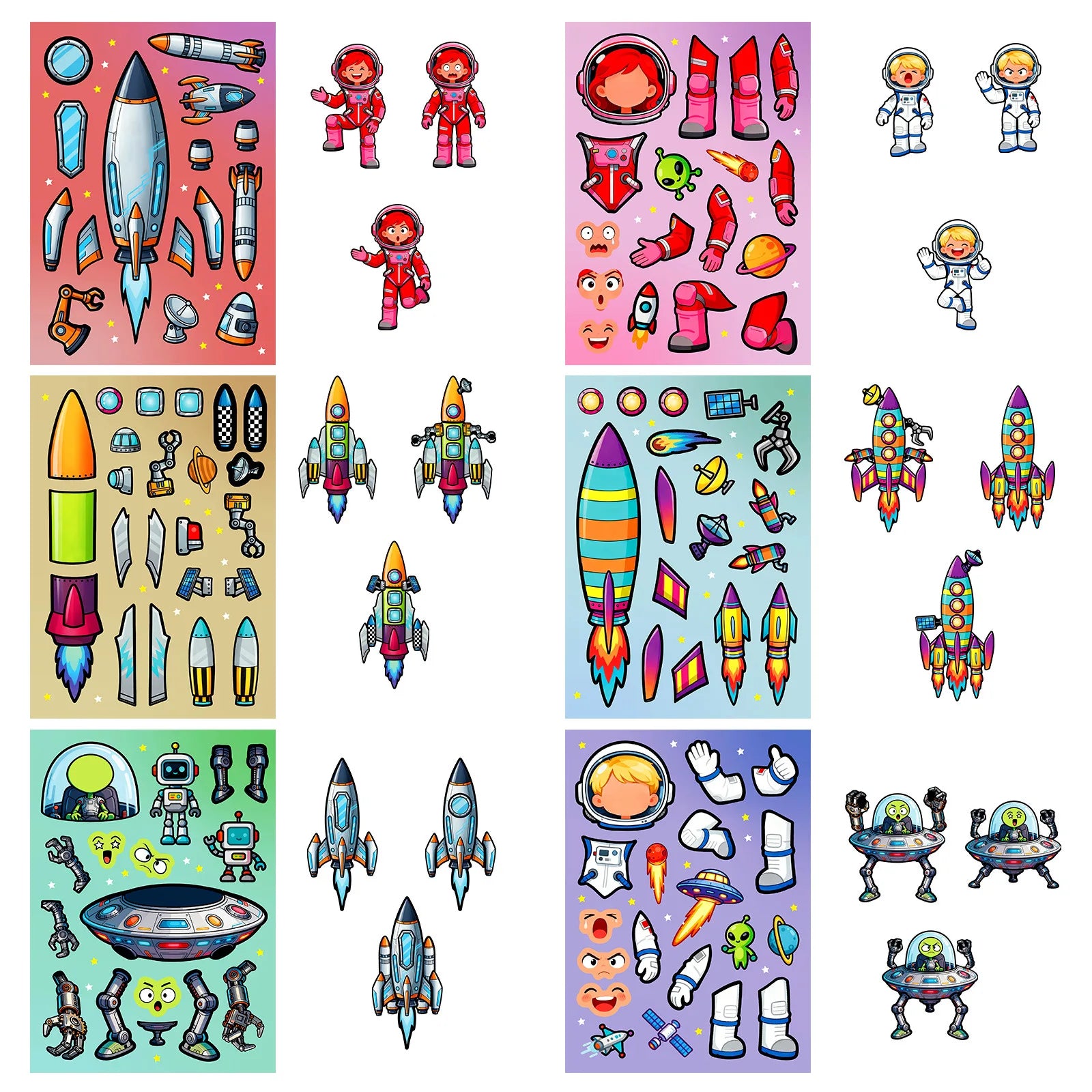 6/12/18Pcs Colorful Space Adventure Puzzle Stickers, Rocket Astronaut Decals for Stationery Notebook Fridge Desk Decor