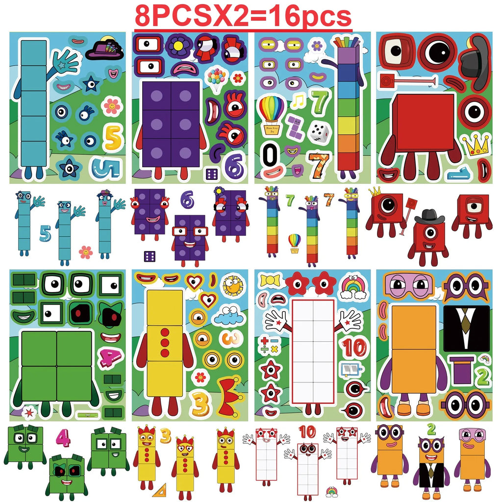 8/16/24 SHEETS Digital Building Blocks Cute Puzzle Stickers Cartoon Building Blocks Children Stationery Decor DIY Face Stickers