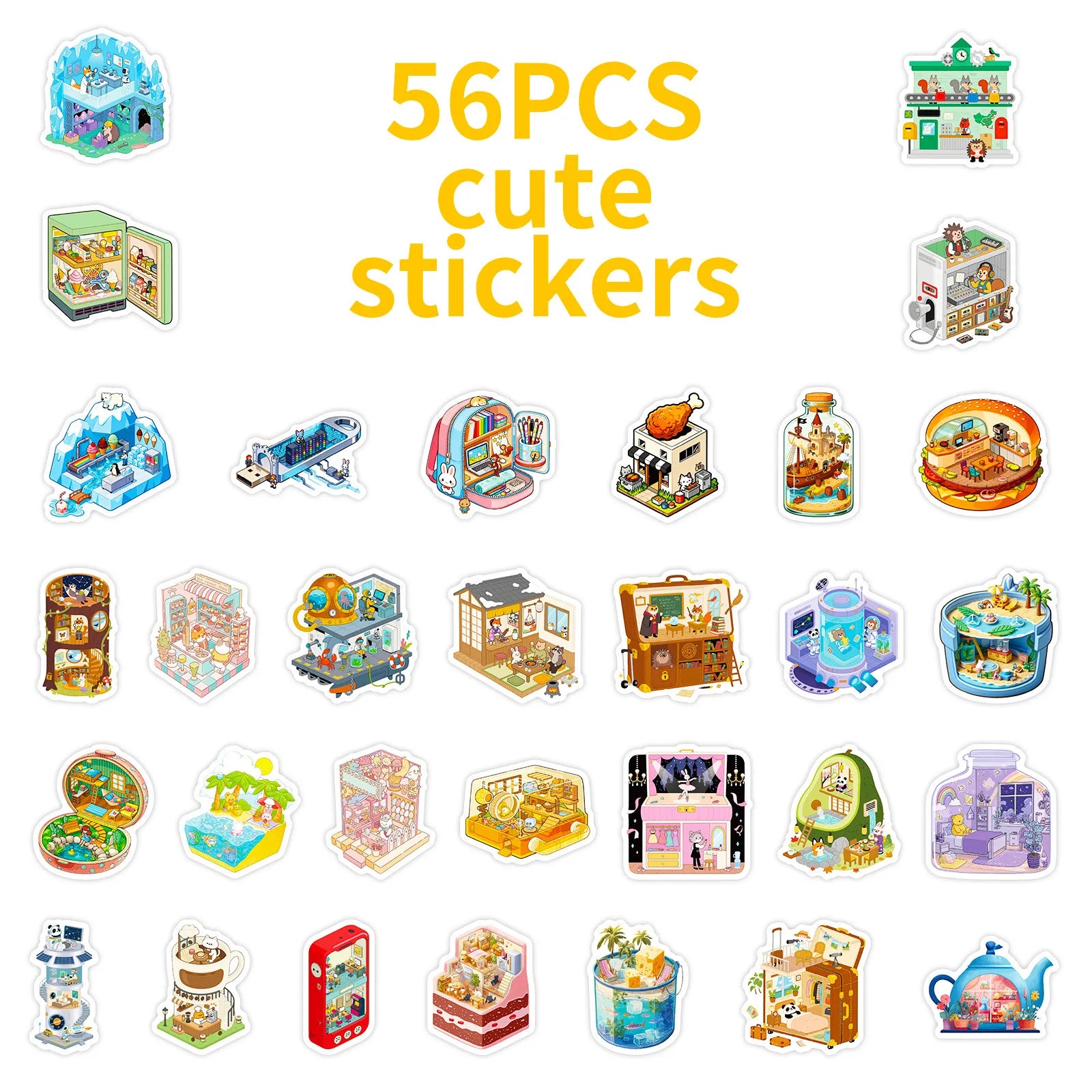56PCS Cute 3D Scene Stickers, Office School Supplies Children Notebook Stationery Suitcase Waterproof Art Sticker