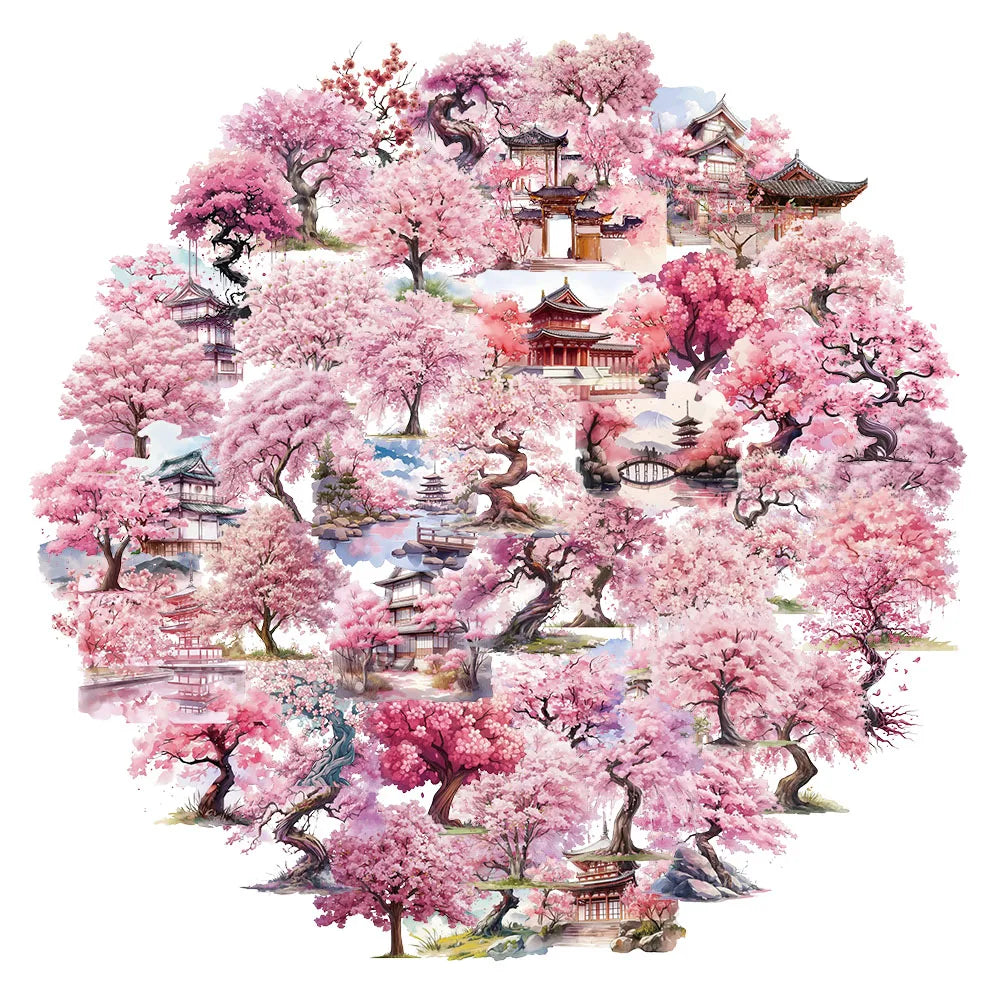 50PCS Transparent Watercolor Peach Blossom Tree Fun Stickers DIY Manual Speaker Luggage Notebook Reward Waterproof Stickers