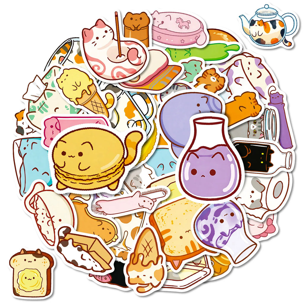 56PCS Cute Cat Bread Doodle Stickers Student Stationery Notebook Diary Office Supplies Storage Box Guitar Waterproof Stickers