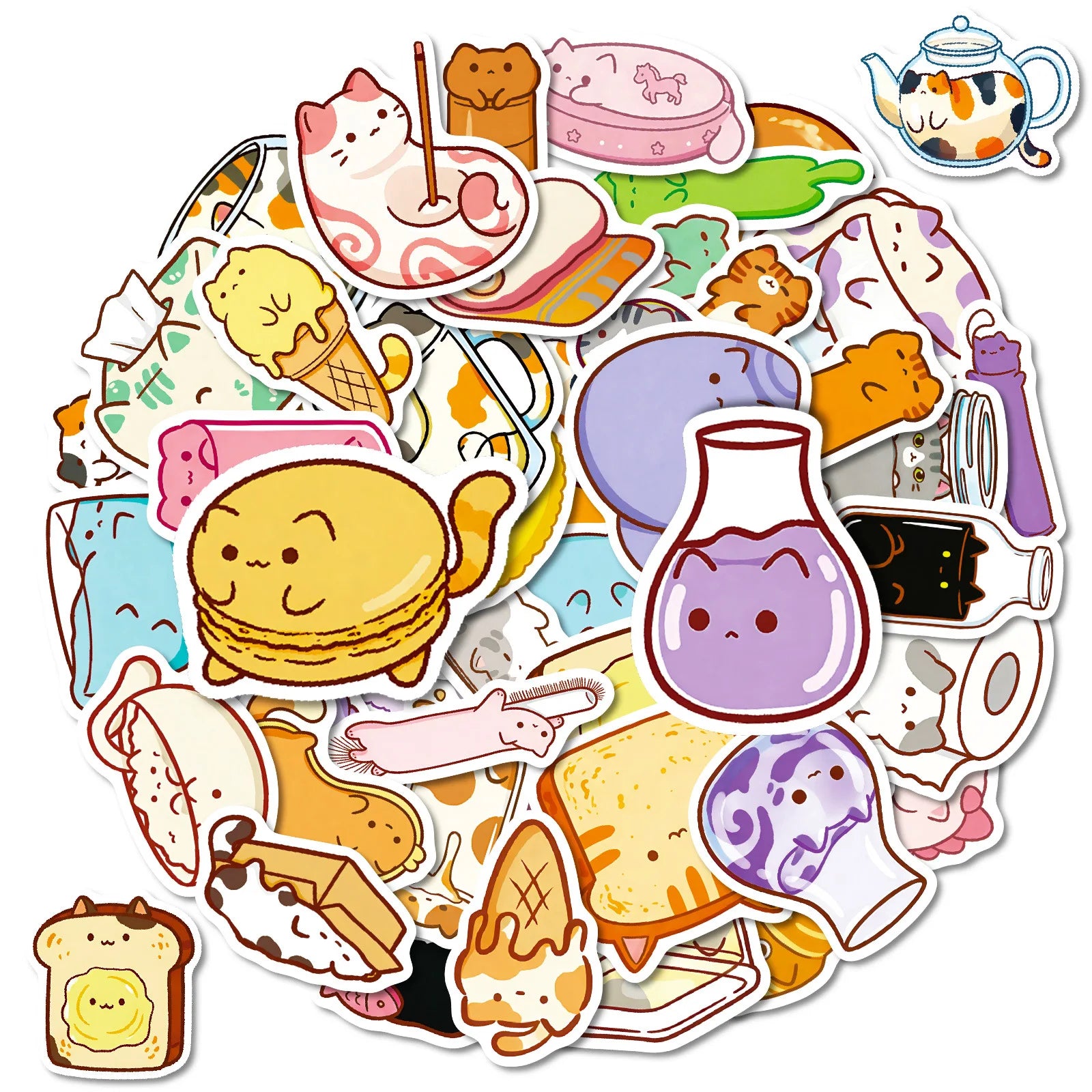 56PCS Cute Cat Bread Doodle Stickers Student Stationery Notebook Diary Office Supplies Storage Box Guitar Waterproof Stickers