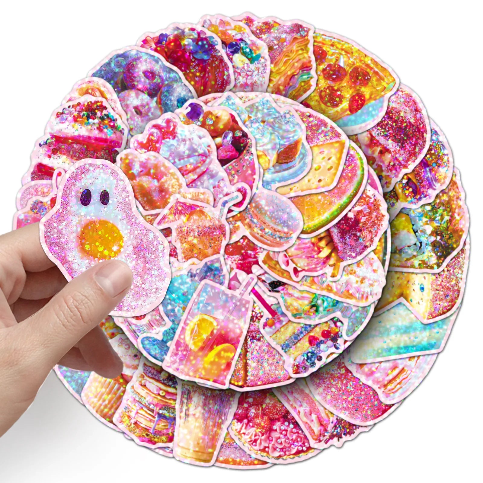 50-Pack Sparkling Laser-Colored Food Dessert Stickers for Notebook Luggage Student Stationery Decoration