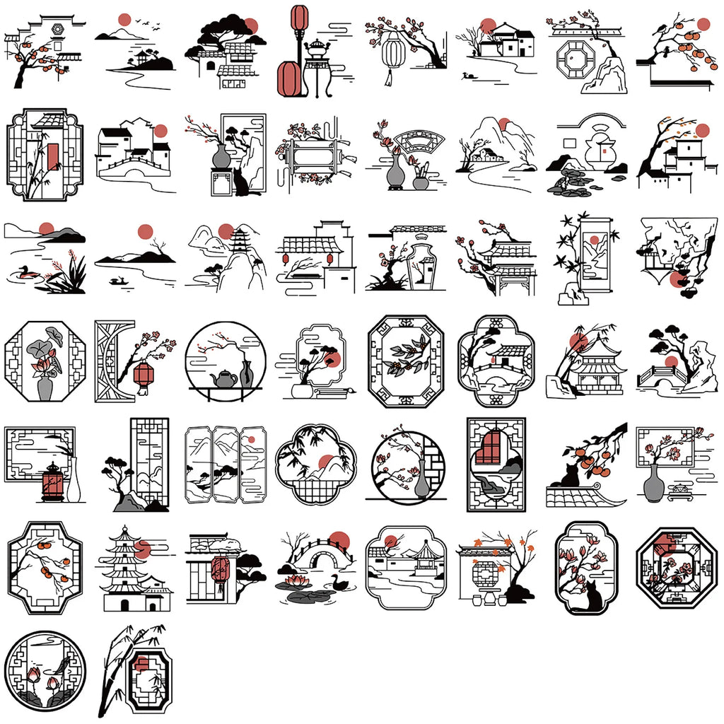 50/100PCS Black and White Antique Silhouette Sticker Pack Waterproof Transparent PET Decorative Guitar Notebook Stationery