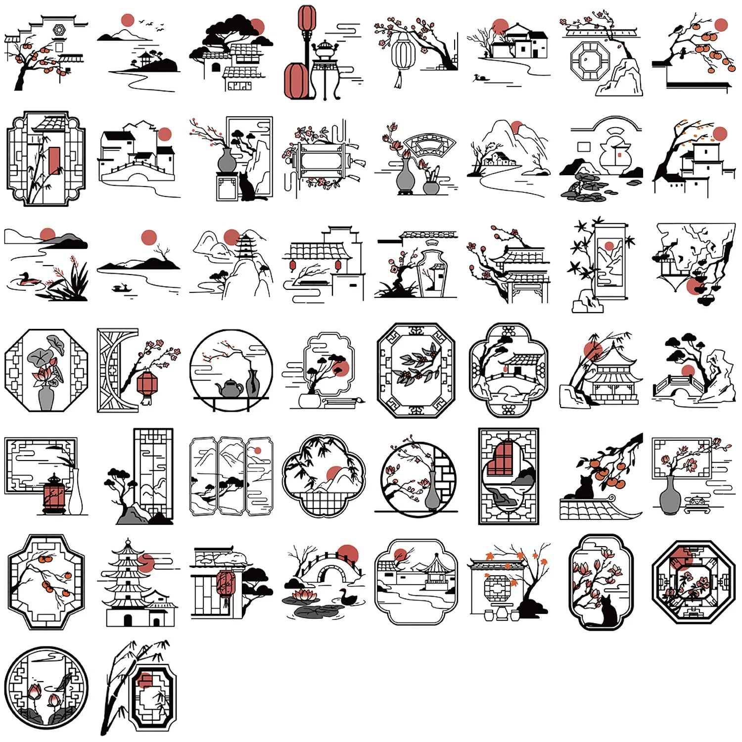 50/100PCS Black and White Antique Silhouette Sticker Pack Waterproof Transparent PET Decorative Guitar Notebook Stationery