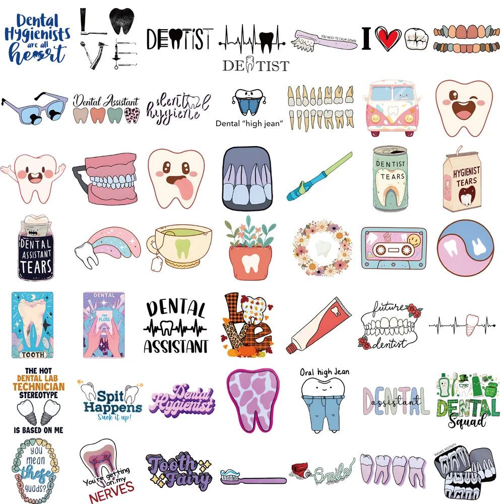 50PCS Dental Stickers Dentist Scrapbook Graffiti Laptop DIY Dentist Store Health Luggage Cartoon Graffiti Exquisite Stickers