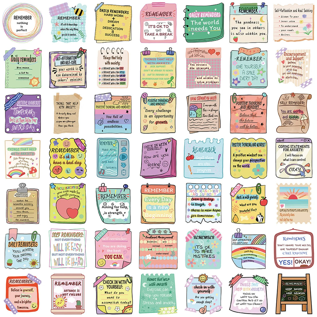 50/100Pcs Cartoon Mental Health Motivational Phrase Doodle Stickers School Stationery Notebook Guitar Luggage Fridge Diy Sticker