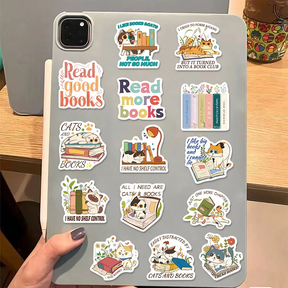 60PCS Reading Cat and Book Stickers Computer Decoration Luggage Stickers Handbooks Cute Series Materials Waterproof Stickers