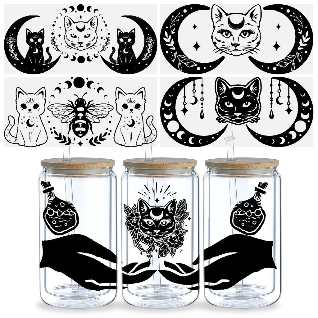 5 sheets Magic Cat UV DTF Glass Cup Wrap Transfer Stickers, DTF Transfer Stickers, Waterproof Wipe-Off Transfer Stickers