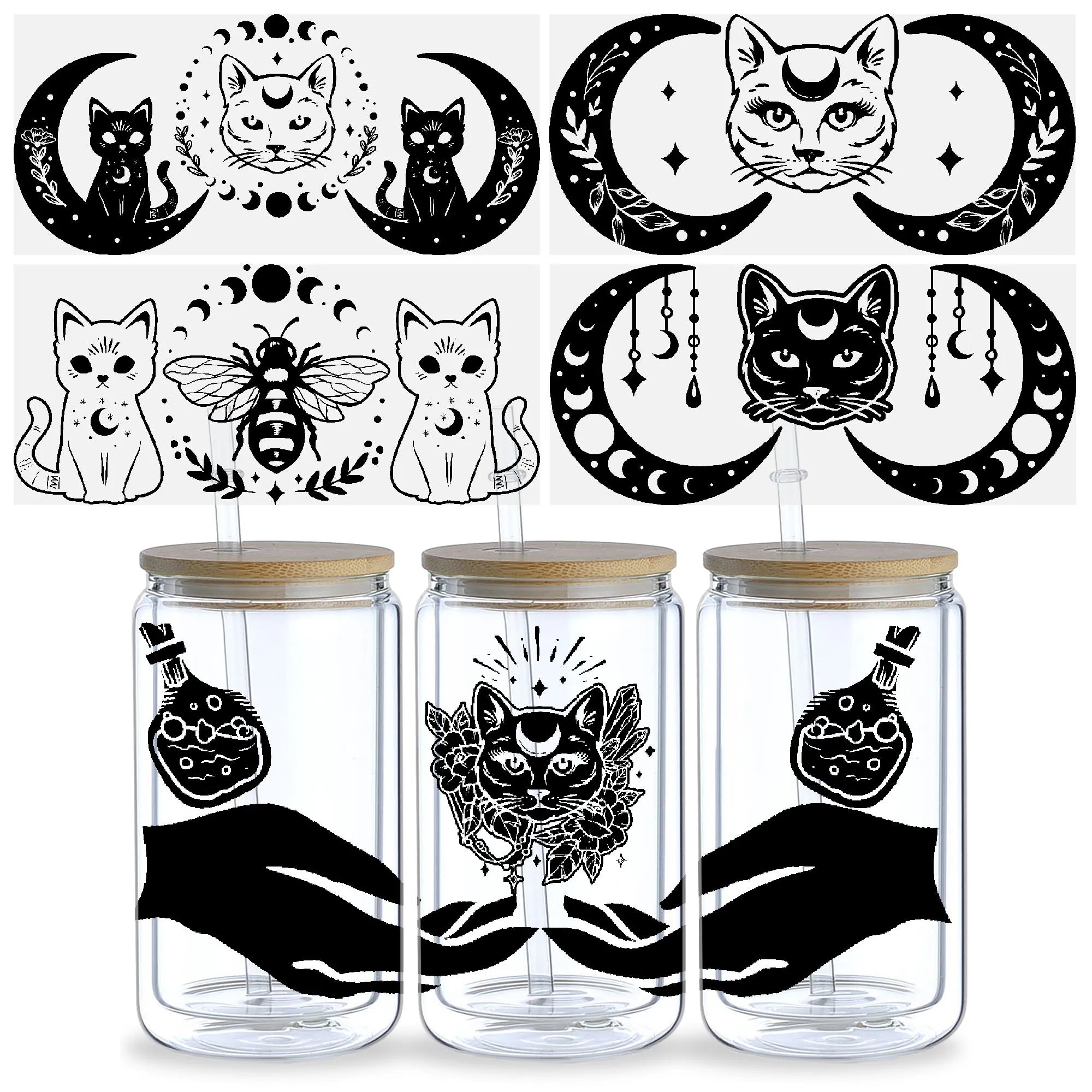 5 sheets Magic Cat UV DTF Glass Cup Wrap Transfer Stickers, DTF Transfer Stickers, Waterproof Wipe-Off Transfer Stickers
