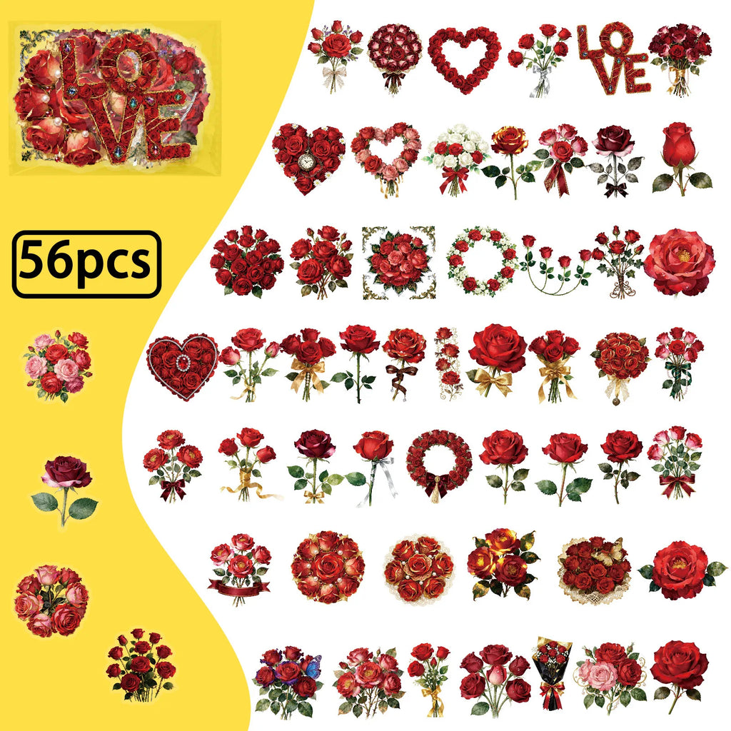 56Pcs Pack Red Rose Doodle Stickers Flower Aesthetic Decals for Stationery Notebook Fridge Guitar Gift Box Luggage Decor