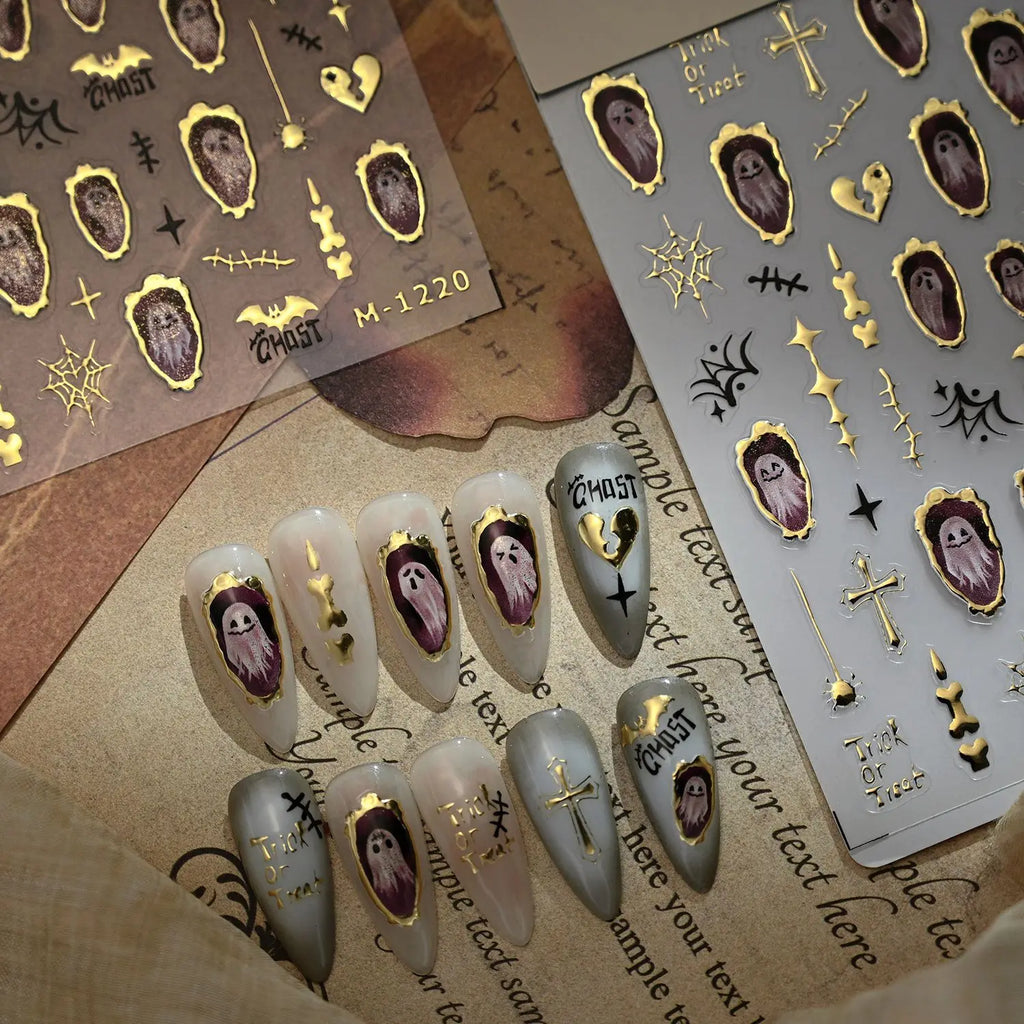 1pcs Luxury 5D Gilding Gold Halloween Nails Sticker New Bat Cross Ghost Design Nail Slider DIY Self Adhesive Nail 3D Decoration