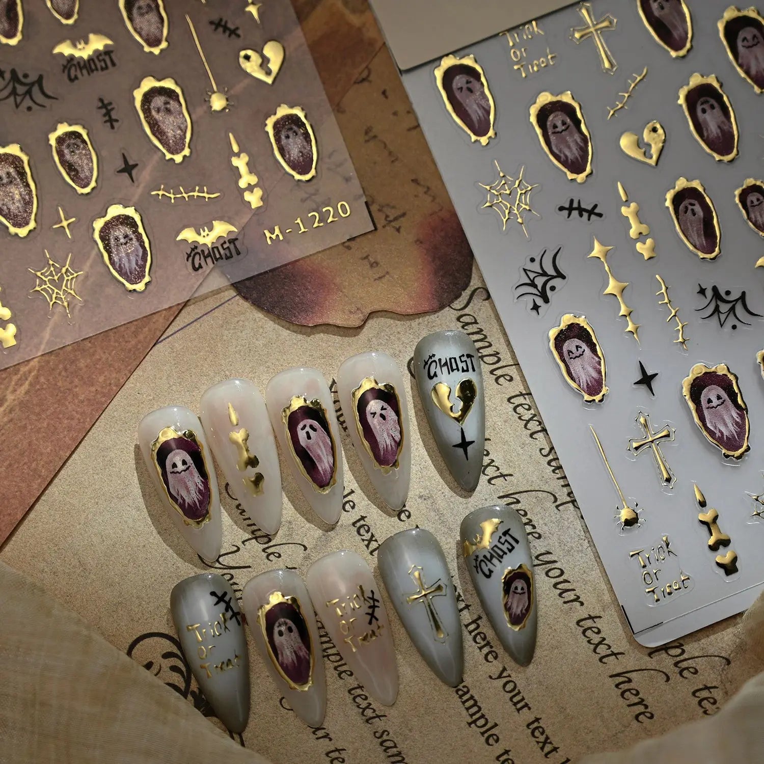 1pcs Luxury 5D Gilding Gold Halloween Nails Sticker New Bat Cross Ghost Design Nail Slider DIY Self Adhesive Nail 3D Decoration