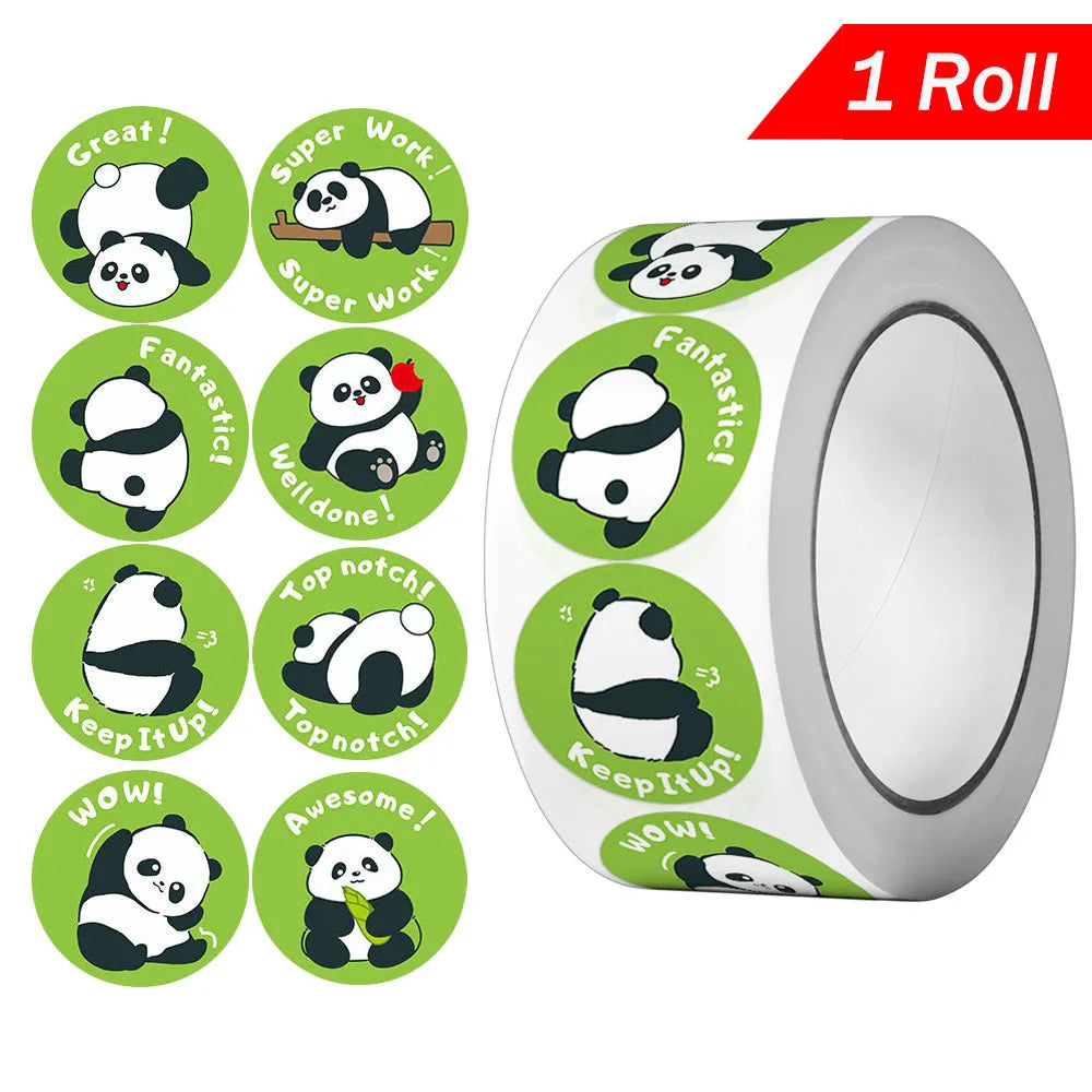1Roll(500pcs) 1'' Round Cartoon Reward Pandas Stickers for Kids Teacher Reward School Supplies Animal Incentive Home Decor