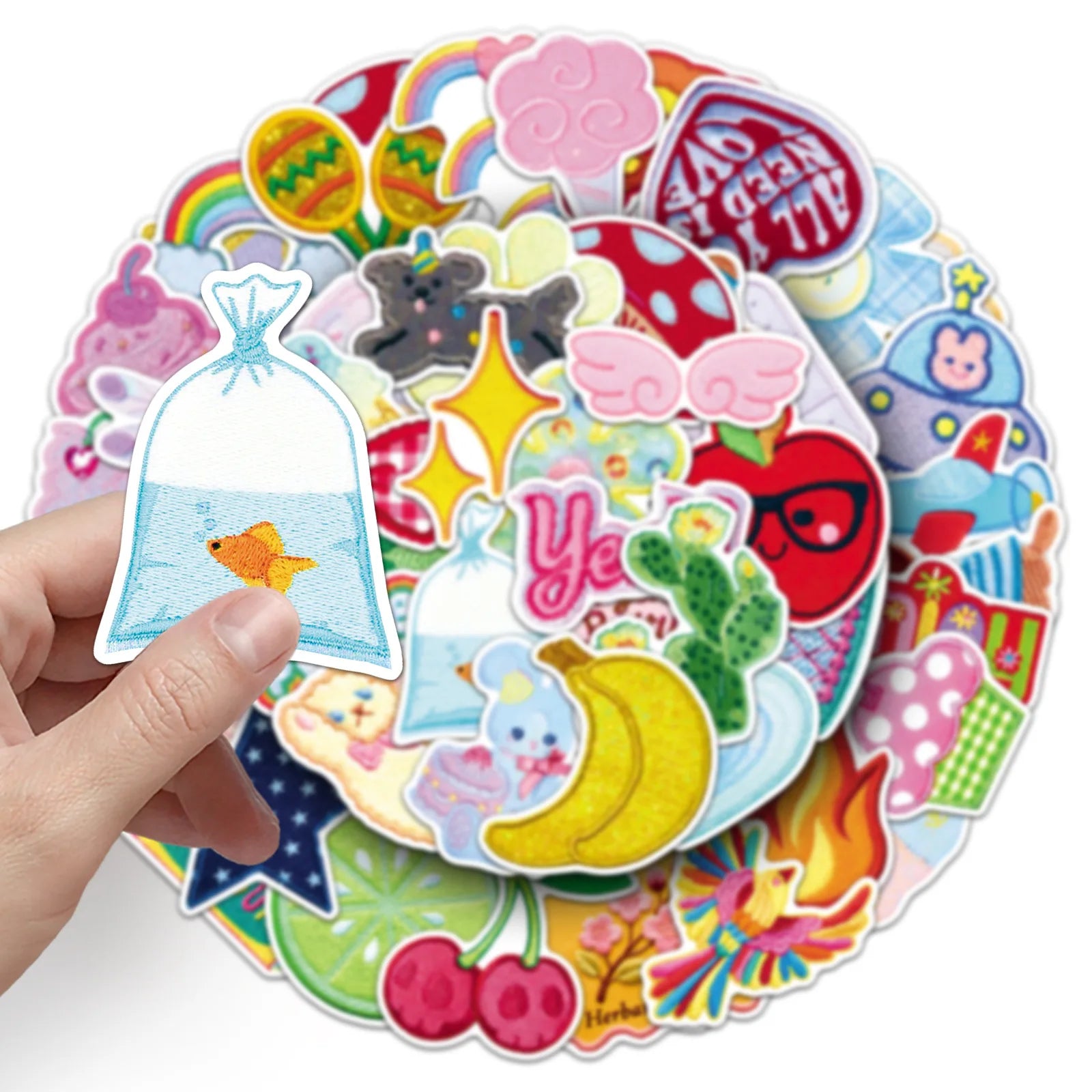 50Pcs Embroidery Cloth Art Cartoon Doodle Stickers Kawaii Kids Stationery Fun DIY Decals Phone Guitar Cup Notebook DIY Sticker
