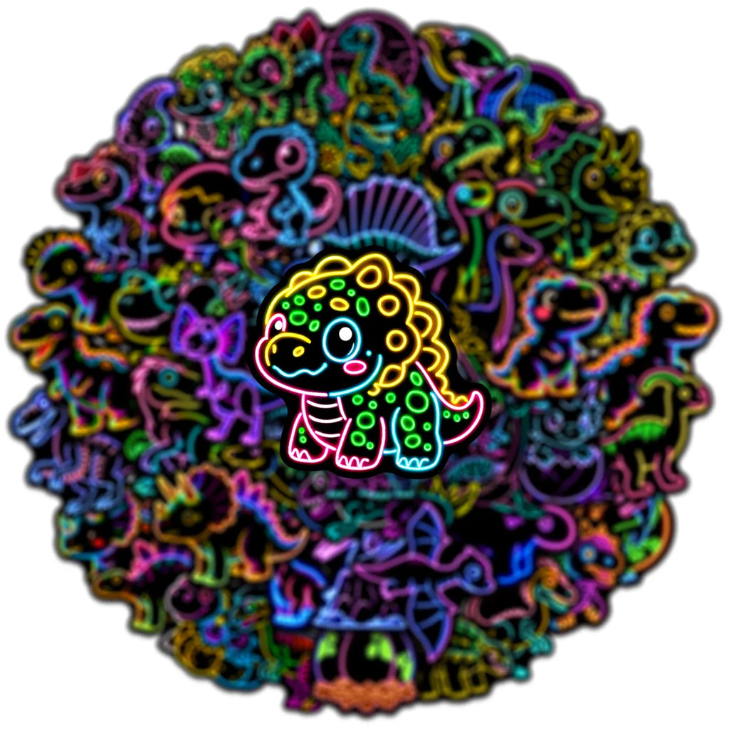 50-Pack Q-Style Neon Dinosaur Graffiti Stickers Waterproof Decorative Decals for Phone Tablet Notebook Student Stationery