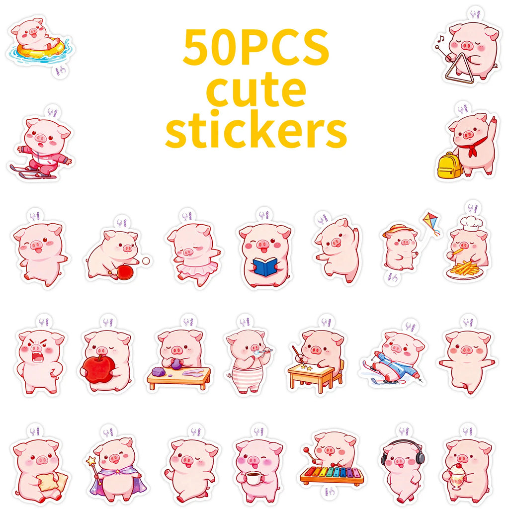 50/100PCS Cartoon Cute Pink Pig Pig Small Handle Decoration Graffiti Waterproof Stationery Notebook Stickers