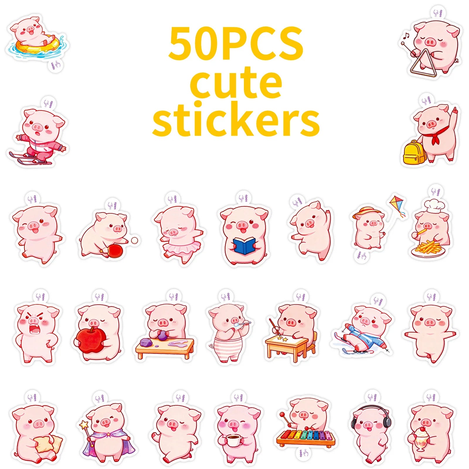 50/100PCS Cartoon Cute Pink Pig Pig Small Handle Decoration Graffiti Waterproof Stationery Notebook Stickers