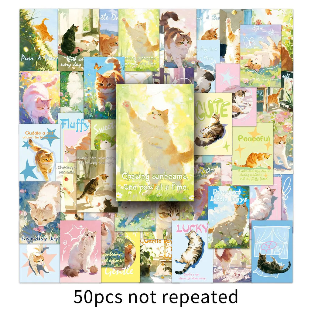 50PCS Healing Cat Aesthetic Stickers, INS Cute Student Stationery Journal Notebook Cup DIY Decorative Art Stickers