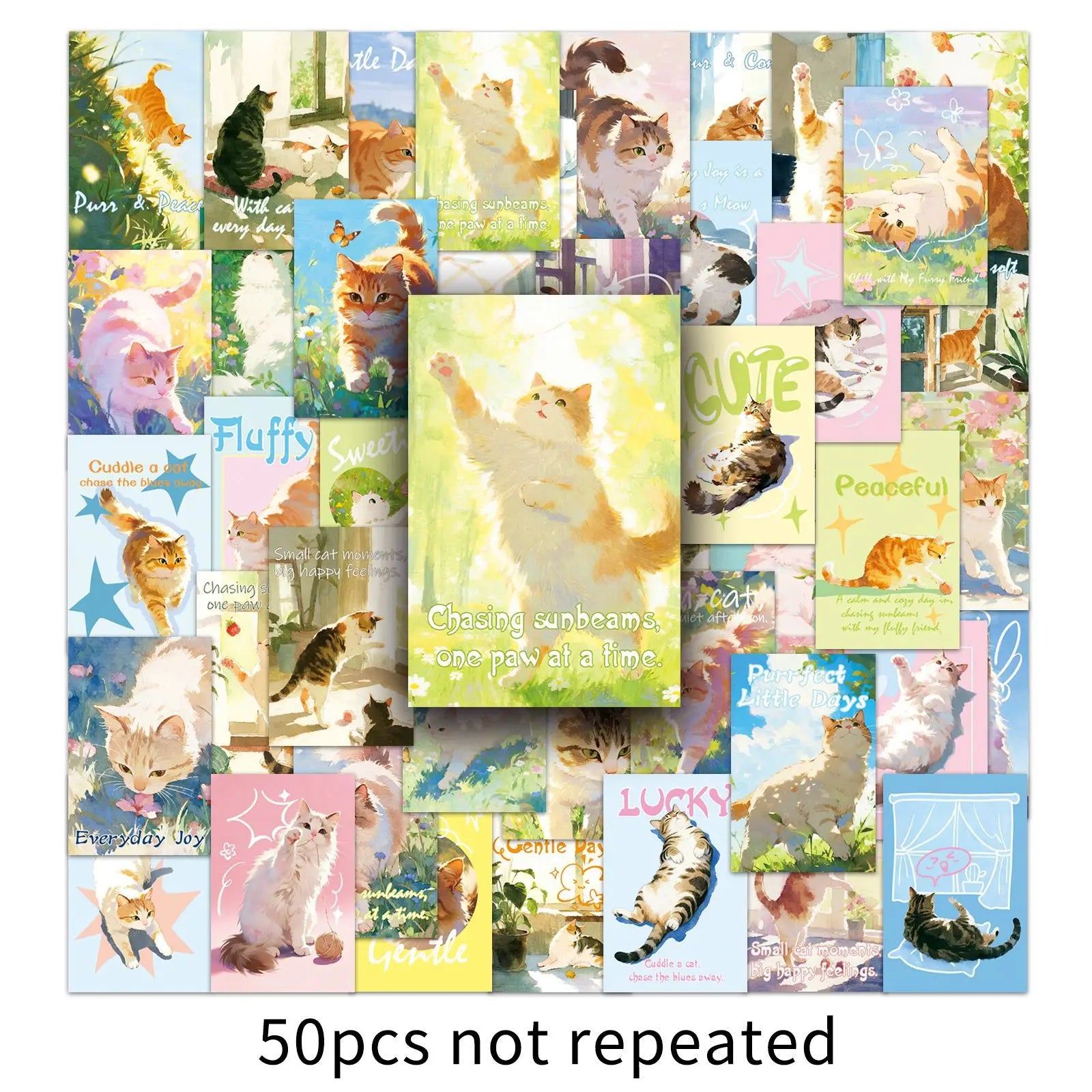 50PCS Healing Cat Aesthetic Stickers, INS Cute Student Stationery Journal Notebook Cup DIY Decorative Art Stickers
