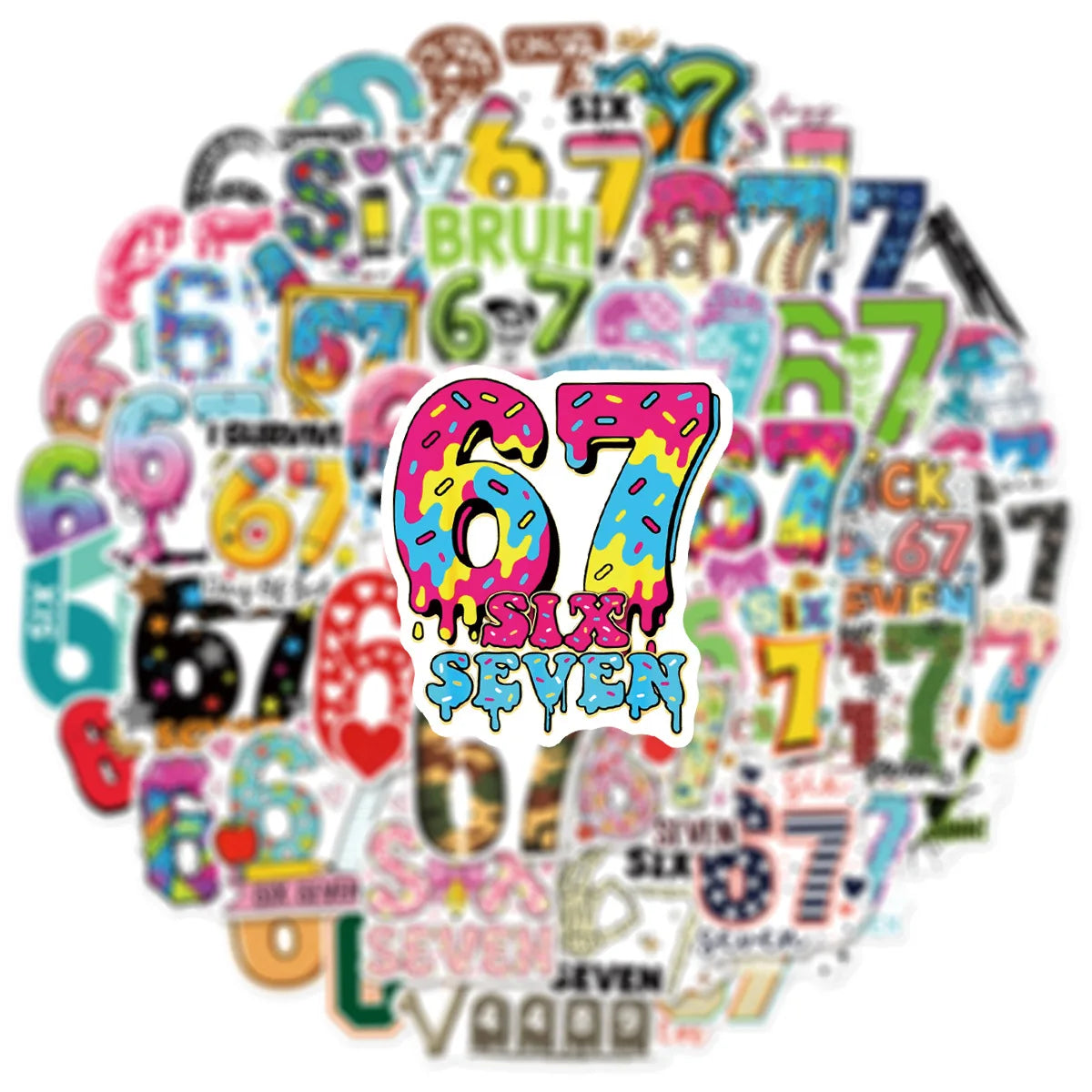 50/100 Pcs Unique Fun Colorful Number 67 Doodle Stickers DIY Game for Skate Helmet Cup Phone Waterproof Decals