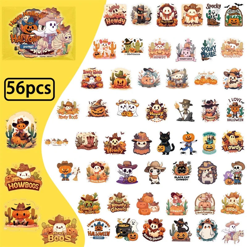 56PCS Cartoon Halloween PET Sticky Sticker Aesthetic Tear Open DIY Decoration Scrapbooking Sketchbook Supplies for Kids