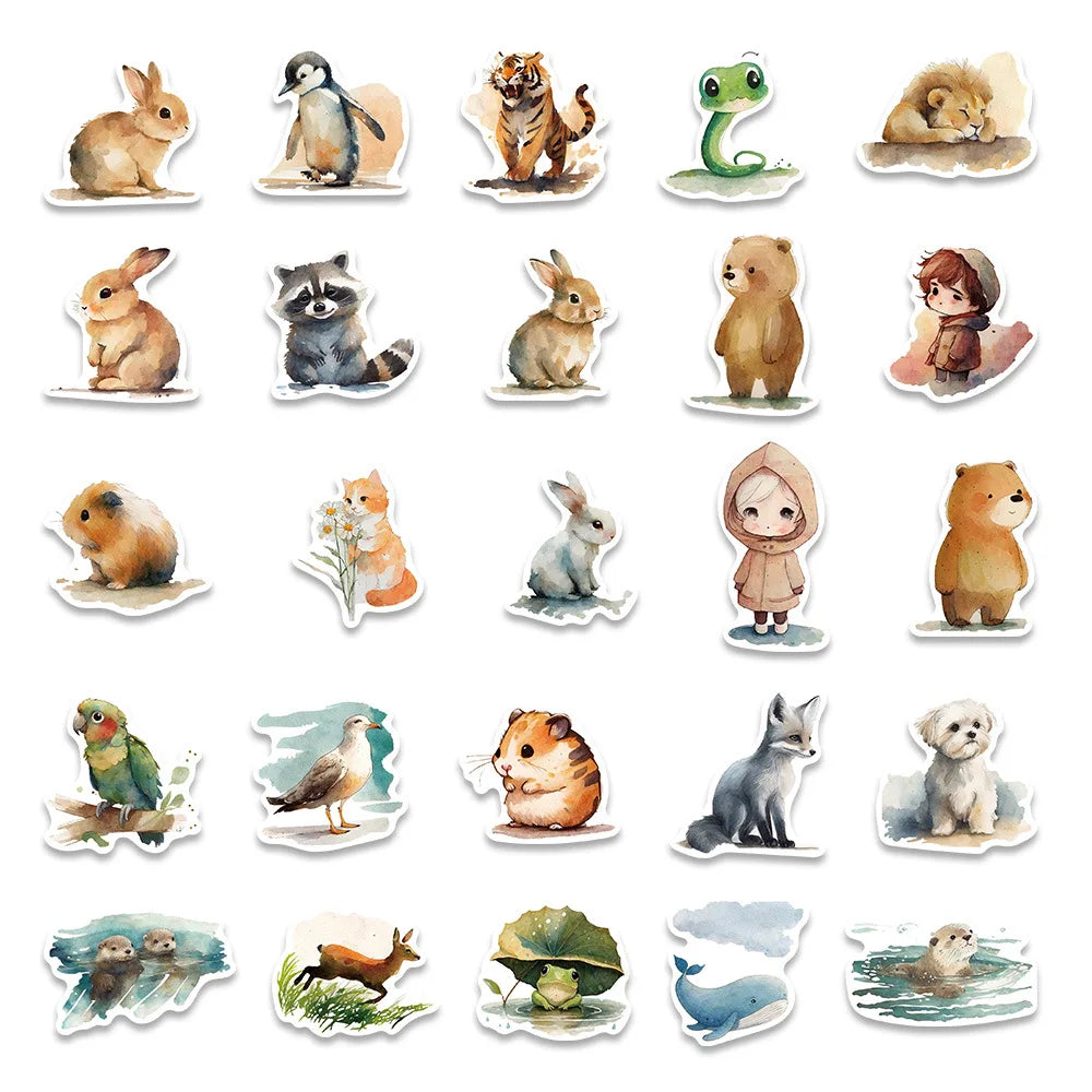 50/100 PCS Cartoon Watercolor Illustration Stickers Laptop Phone Decorative Waterproof Stationery Pen Holder Stickers