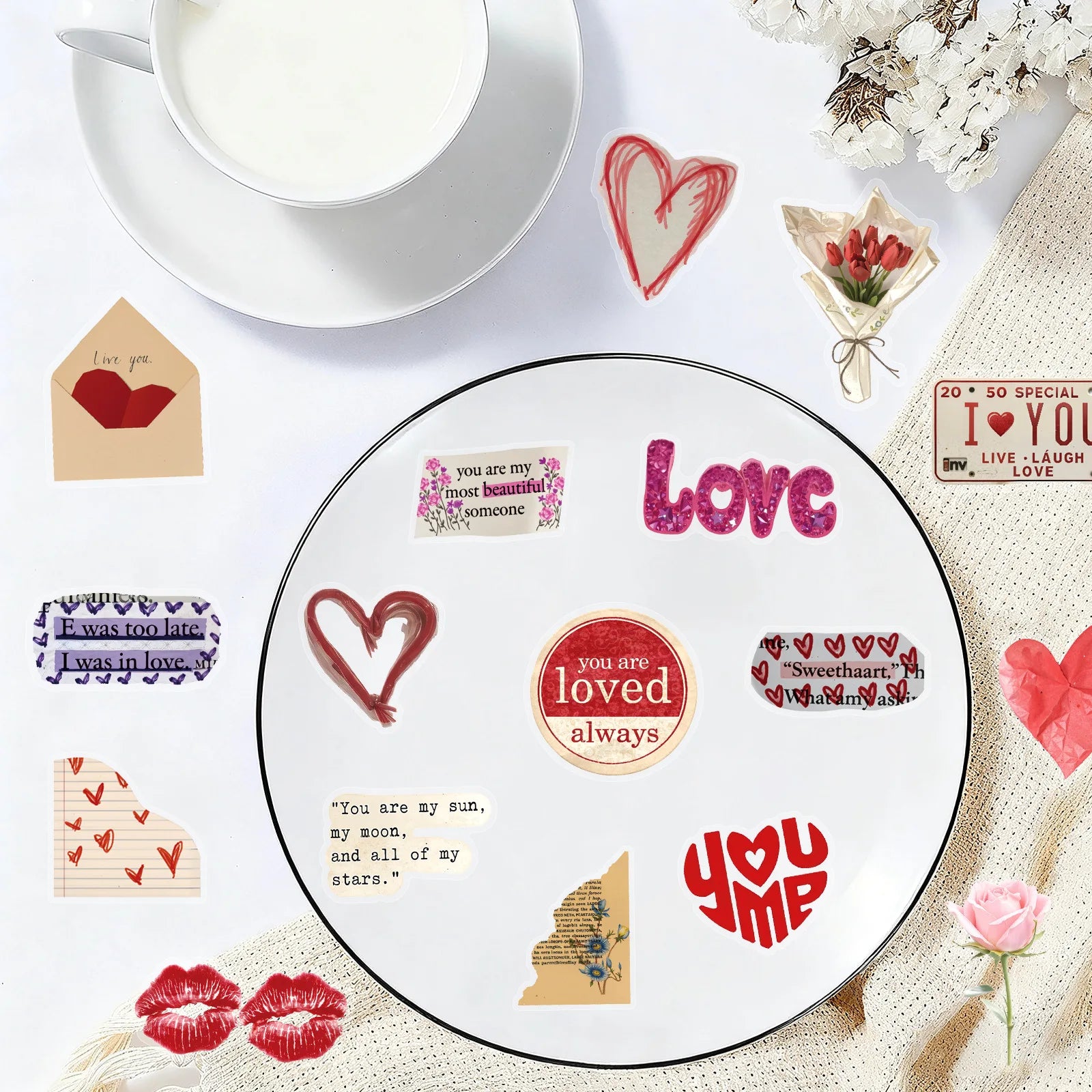 50-Pack Vintage Valentine's Day English PET Plastic Graffiti Stickers for Mobile Phones Notebooks Luggage Helmets Stationery