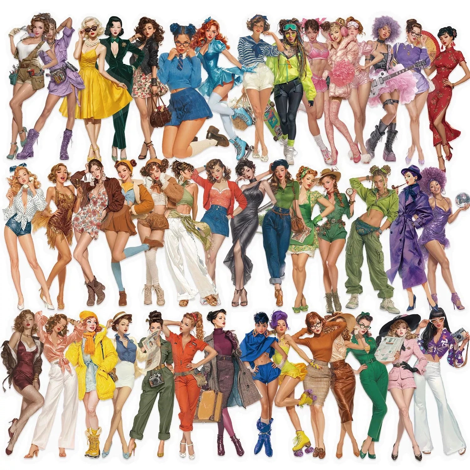 50/100PCS Cartoon Pop Girl Sticker Pack Waterproof Transparent PET Laptop Decorative Guitar Notebook Stationery Stickers