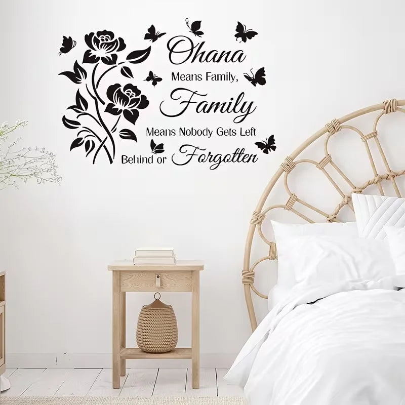 One Ohana Family Quote Wall Sticker | Roses & Butterflies Design | Home Decor Art Set for Indoors, Windows, Doorways, Mirrors &