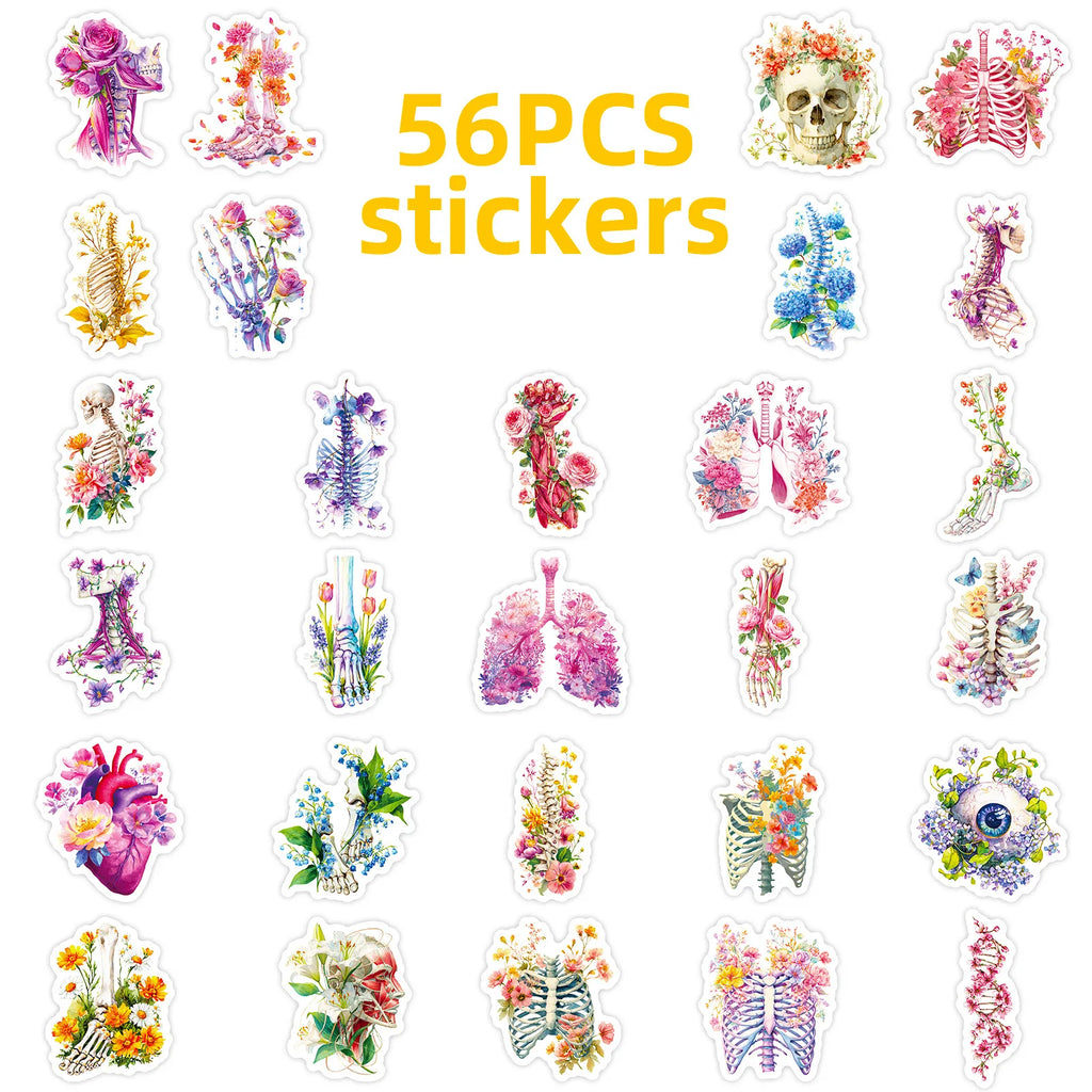 56PCS Human Organ Floral Stickers Medical Student Notebook Stationery Suitcase Skateboard Helmet DIY Decorative Sticker