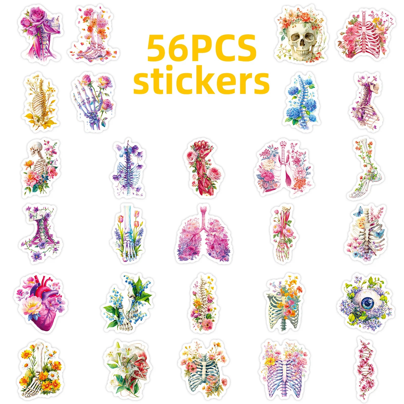 56PCS Human Organ Floral Stickers Medical Student Notebook Stationery Suitcase Skateboard Helmet DIY Decorative Sticker