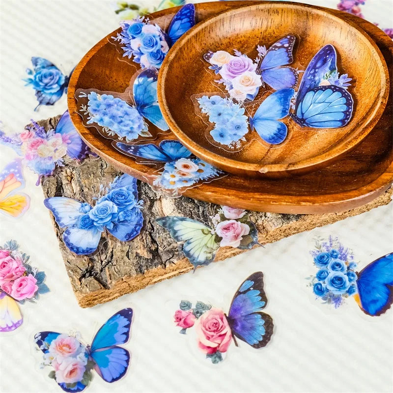 56PCS Cartoon Blue Butterfly PET Sticky Sticker Aesthetic Tear Open DIY Decoration Scrapbooking Sketchbook Supplies for Kids