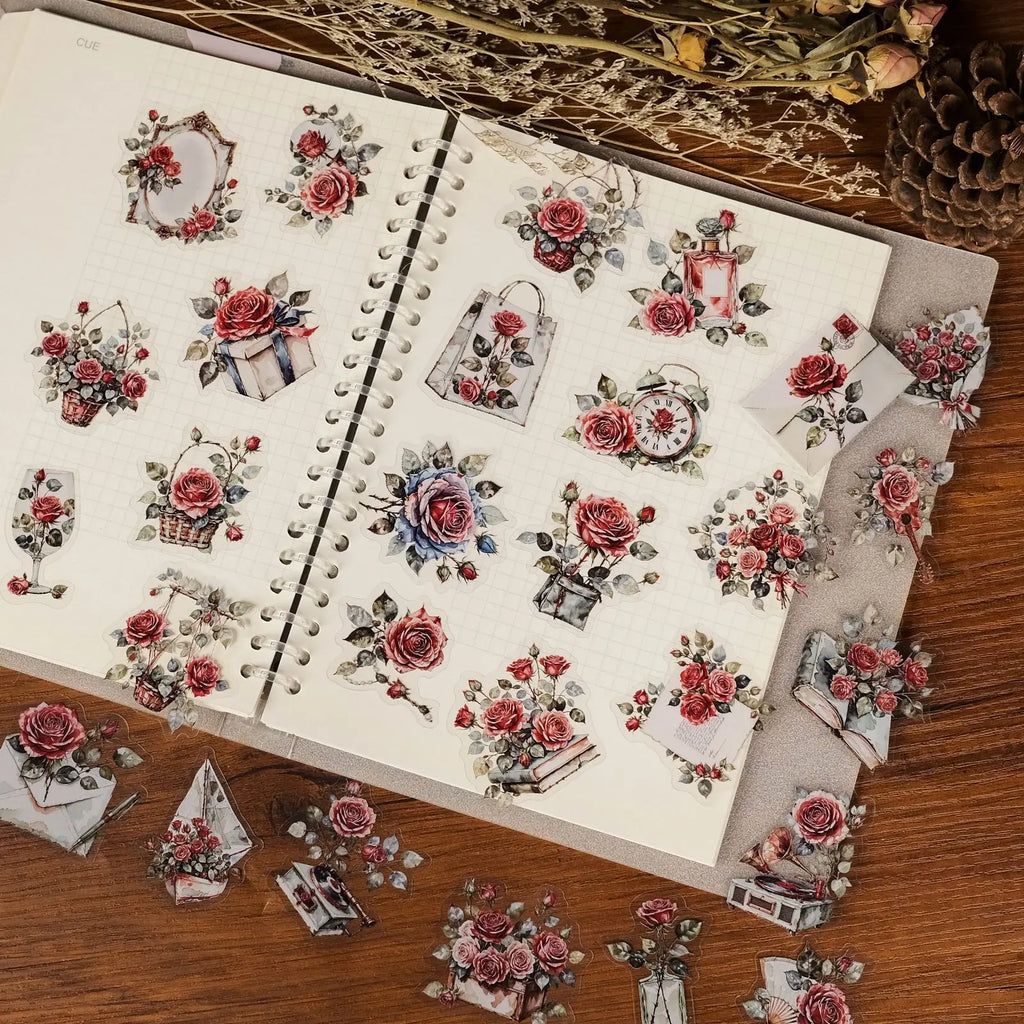 56PCS Rose Transparent PET Stickers High Beauty and Exquisite Rose DIY Laptop Stationary Stickers