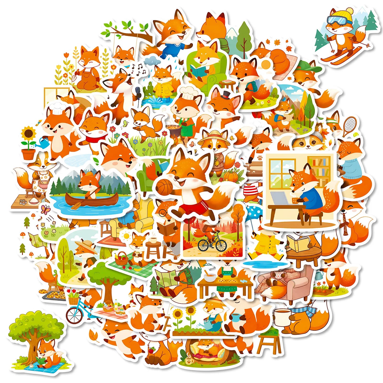 56/112 Pcs Cartoon Fox Doodle Stickers Creative Handmade DIY Toy for Stationery Box Desk Notebook Fridge Drawer Guitar Decals
