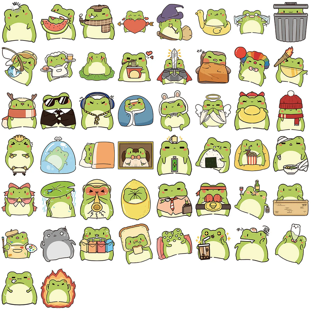 ‌50/100Pcs Funny Cartoon Frog Stickers - Unique Non-repeating Waterproof Decals for Phone, Cup, Notebook, Fridge, Pencil Box