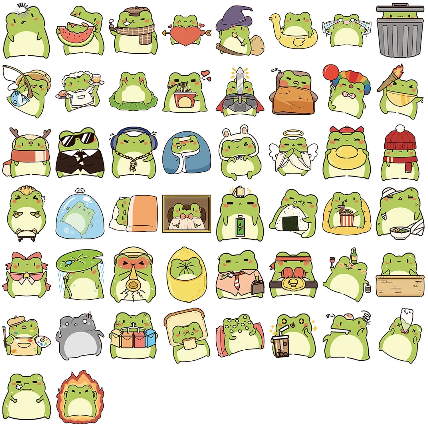 ‌50/100Pcs Funny Cartoon Frog Stickers - Unique Non-repeating Waterproof Decals for Phone, Cup, Notebook, Fridge, Pencil Box