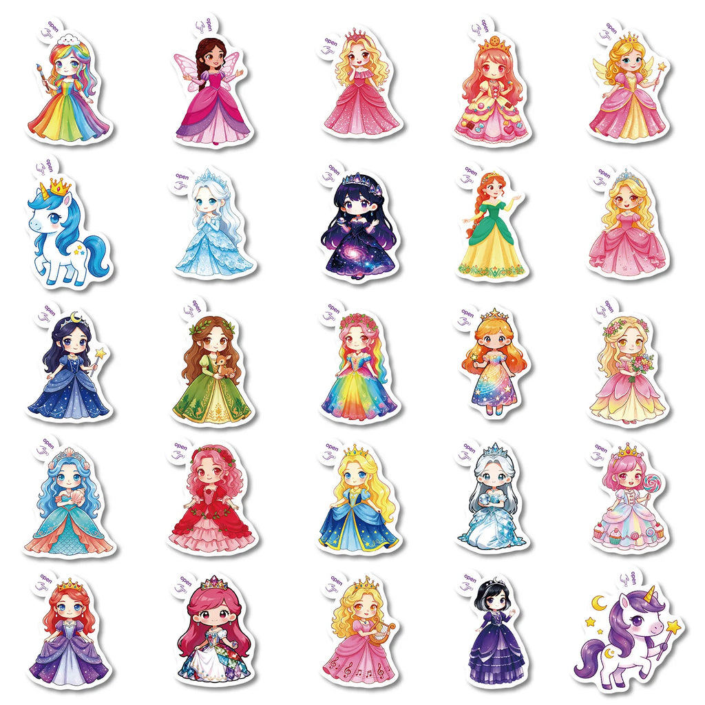 50/100 Pcs Cartoon Princess Dress Theme Stickers for Laptop Scrapbook Phone Case Thermos Toy Shelf File Holder Removable Decals