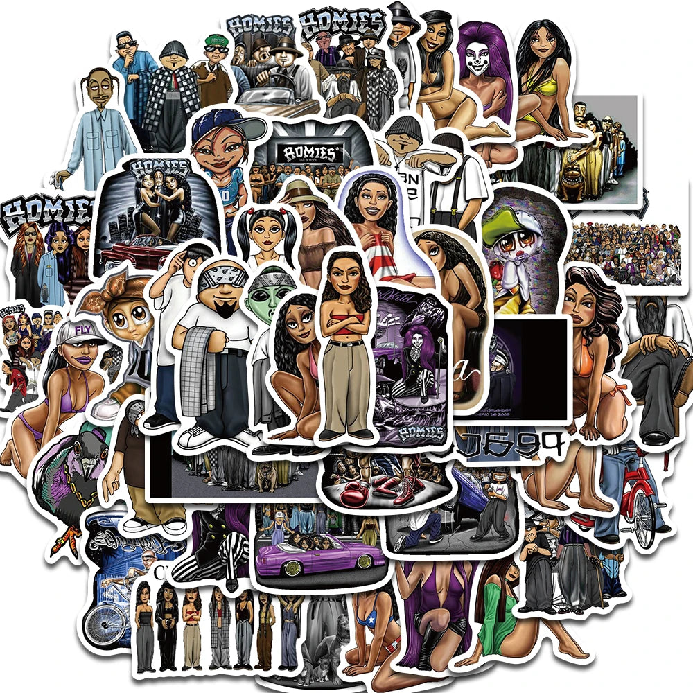 50PCS Black Homies Stickers Harajuku Aesthetic Waterproof Decal Skateboard Scrapbook Cartoon for Laptop Luggage Bike Gifts Decal