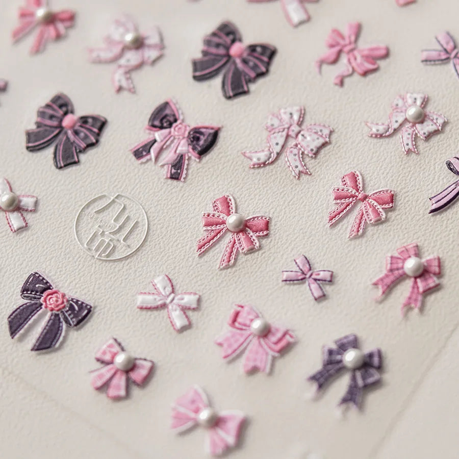 Sweet Pink Black Bow Kont Nail Charms Stickers 5D Luxury Crystal Diamond Nail Sticker Retro Ribbon Bow Adhesive Manicure Decals
