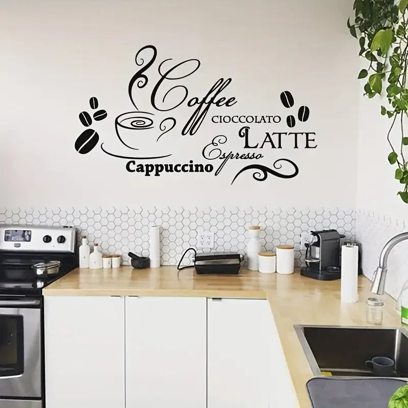 A Removable Self-Adhesive Wall Sticker Featuring Cartoon Coffee And Hot Drink Names, Suitable for Decorating Cafes, Lounges, Liv