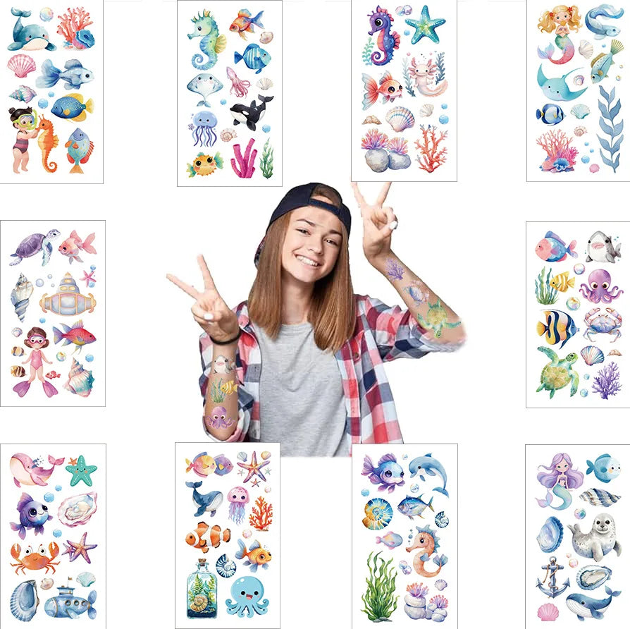 10 Sheets Sea Animals Tattoo Sticker Temporary Fake Tattoo Arm Hands Body Stickers