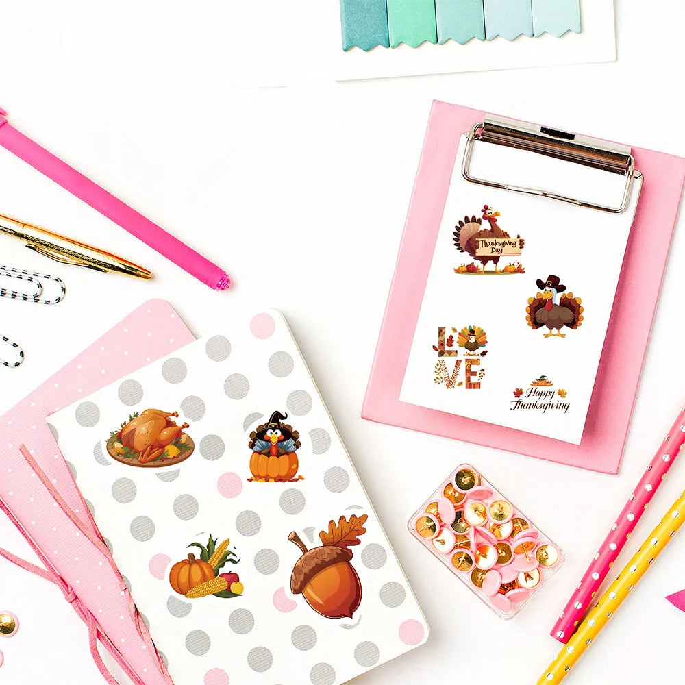 500PCS Thanksgiving Day Curls Seal Stickers DIY Turkey Cartoon Photocard Kawaii Good Harvest Waterproo Diary Scrapbook Sticker ﻿