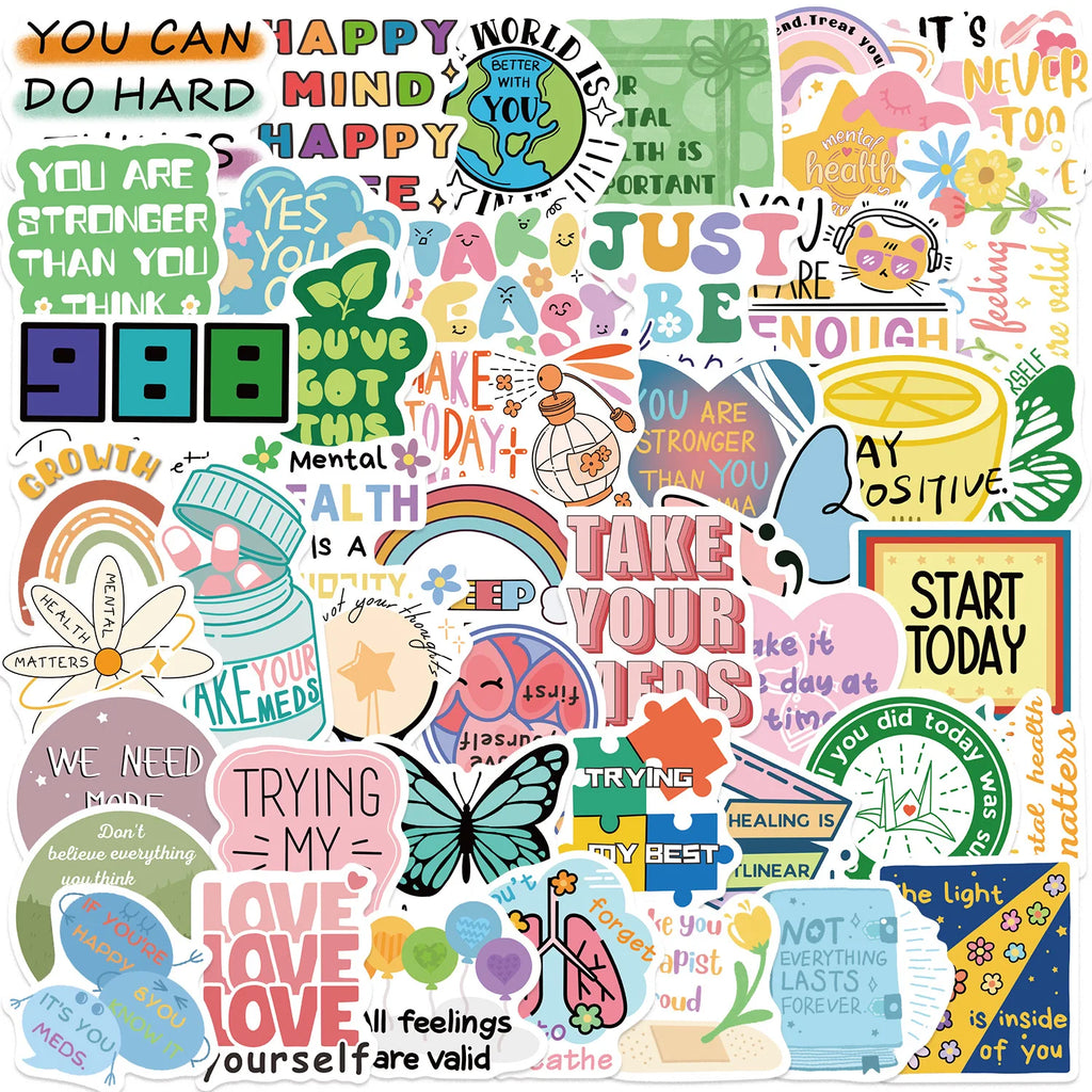 50PCS Cartoon Mental Health Graffiti Stickers Decorative Guitar Notebook Luggage DIY Waterproof Pen Holder Stationery Stickers